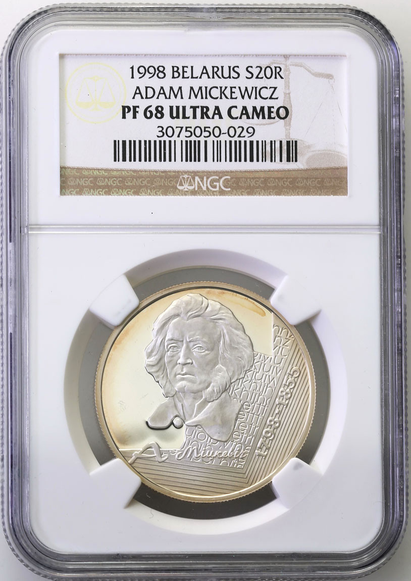 Białoruś. 10 rubli 1998 Adam Mickiewicz (prawidłowy) NGC PF68 ULTRA CAMEO (2 MAX)